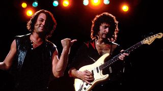 Ian Gillan and Ritchie Blackmore of Deep Purple perform on stage on the Perfect Strangers World Tour at the Entertainment Centre, Sydney, 13th December 1984.