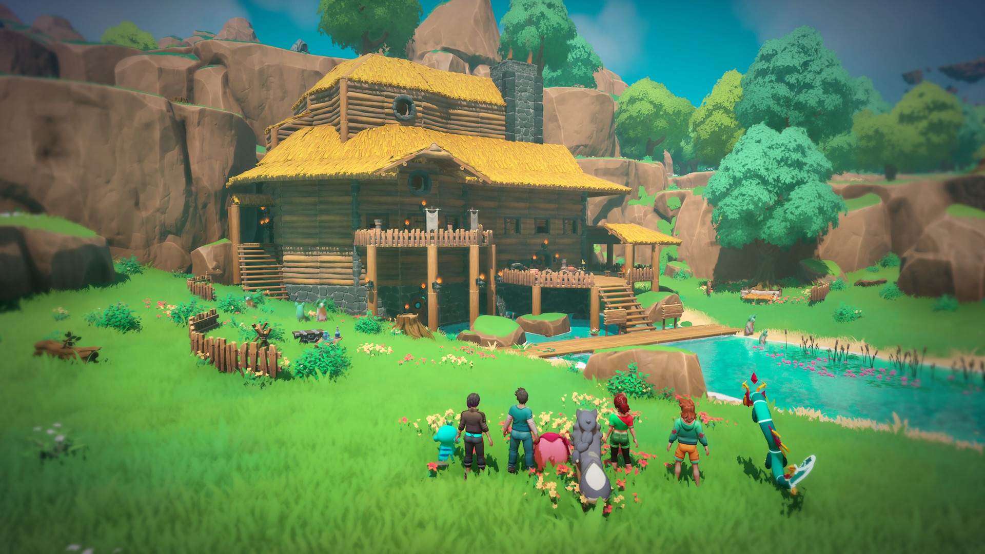 A group of Temtem: Pioneers players admire the handiwork of their newly-built home base.