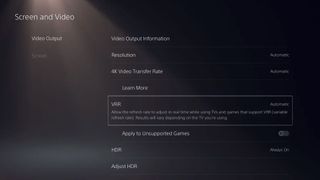 The PS5 VRR option in the system menus