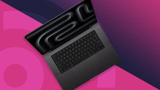 An Apple MacBook Pro, the best laptop for photo editing, against a pink techradar background