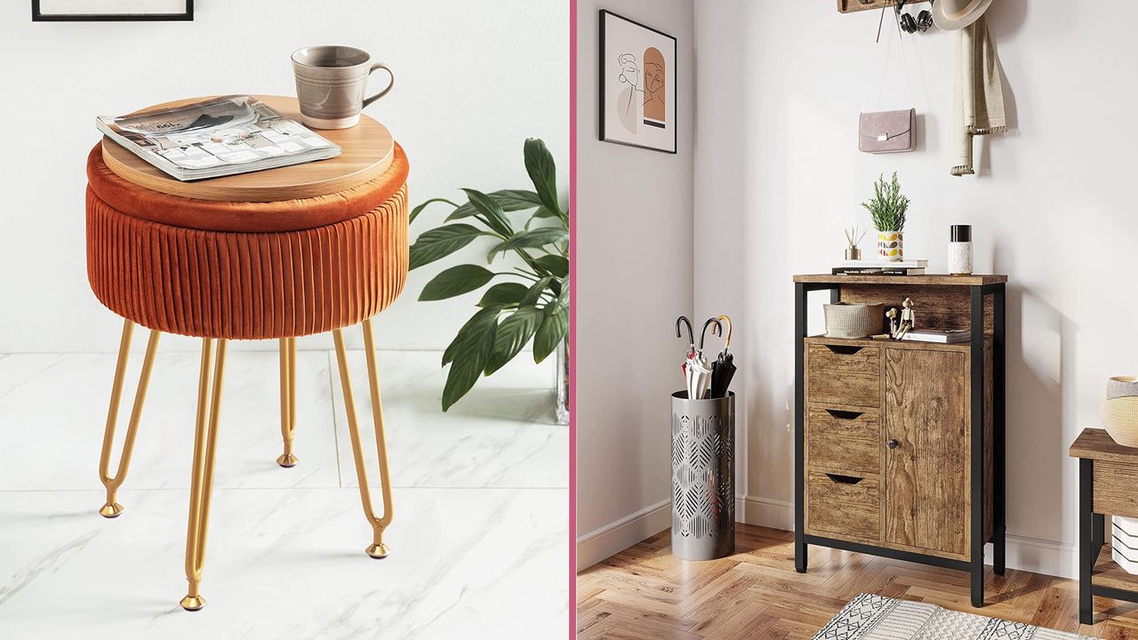 Orange velvet storage ottoman with hidden storage sitting on gold legs beside an industrial style storage cabinet in an entryway