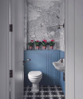 Cloakroom with pale grey panelled walls and map wallpapered wall, white toilet and sink.