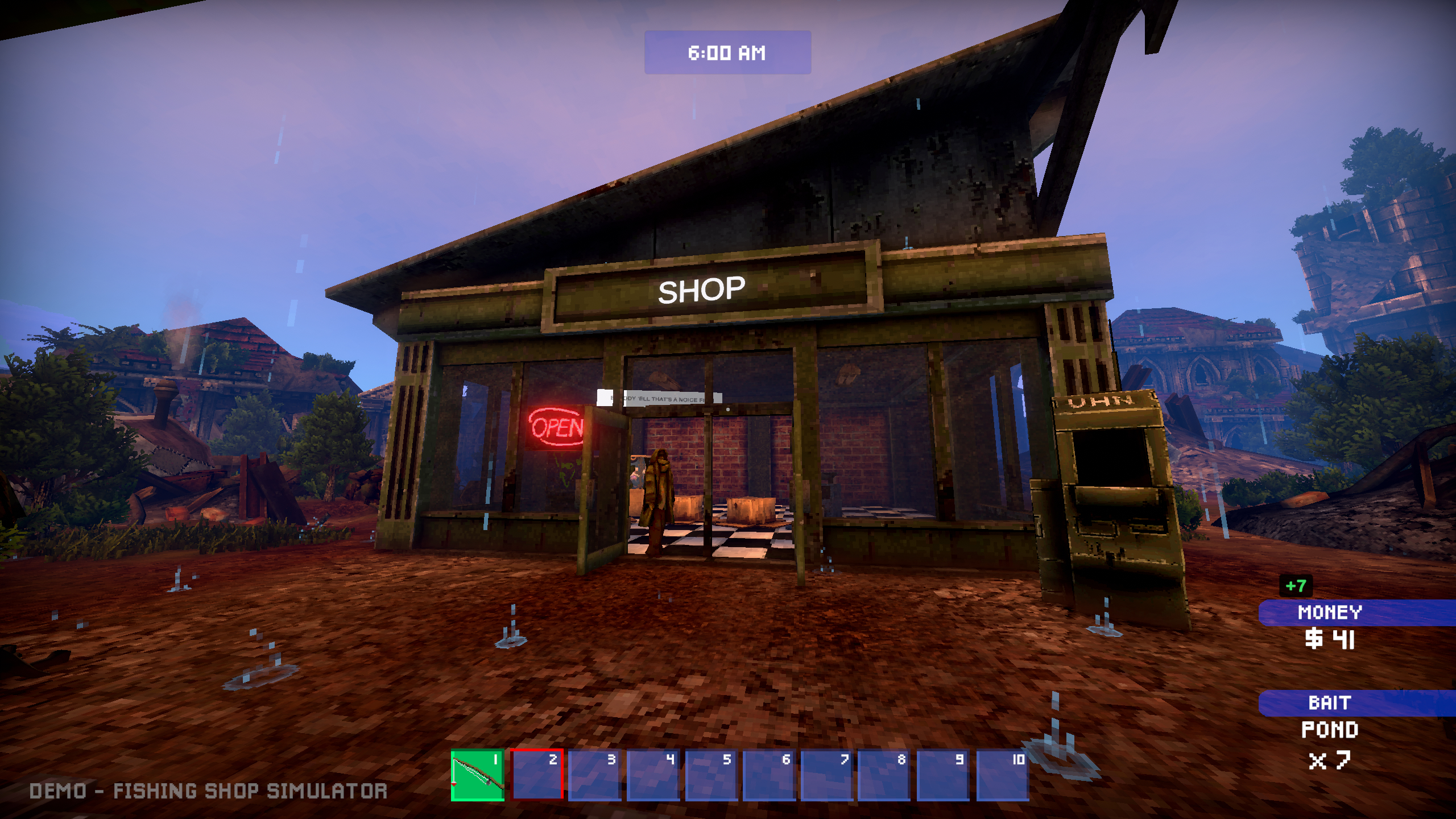 Fishing Shop Simulator: The player stood outside their fish shop in a ruined city, with a customer inside.