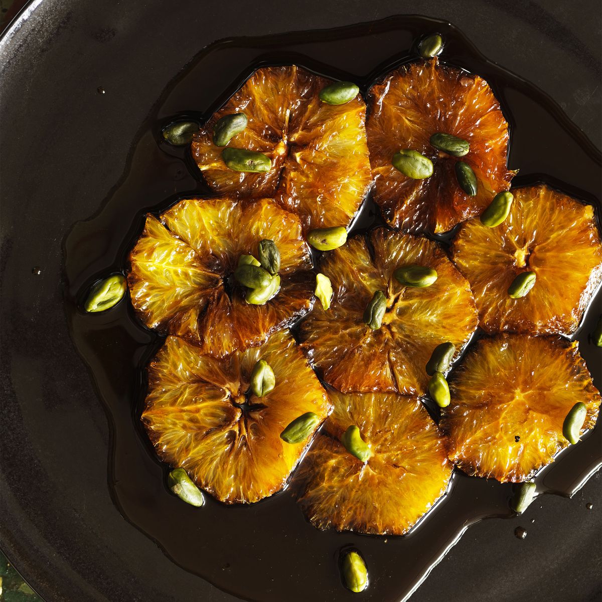 Oranges poached in caramel with pistachios, mint and yoghurt recipe ...