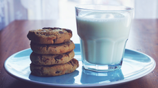 Image of chocolate chip cookies and glass of milk