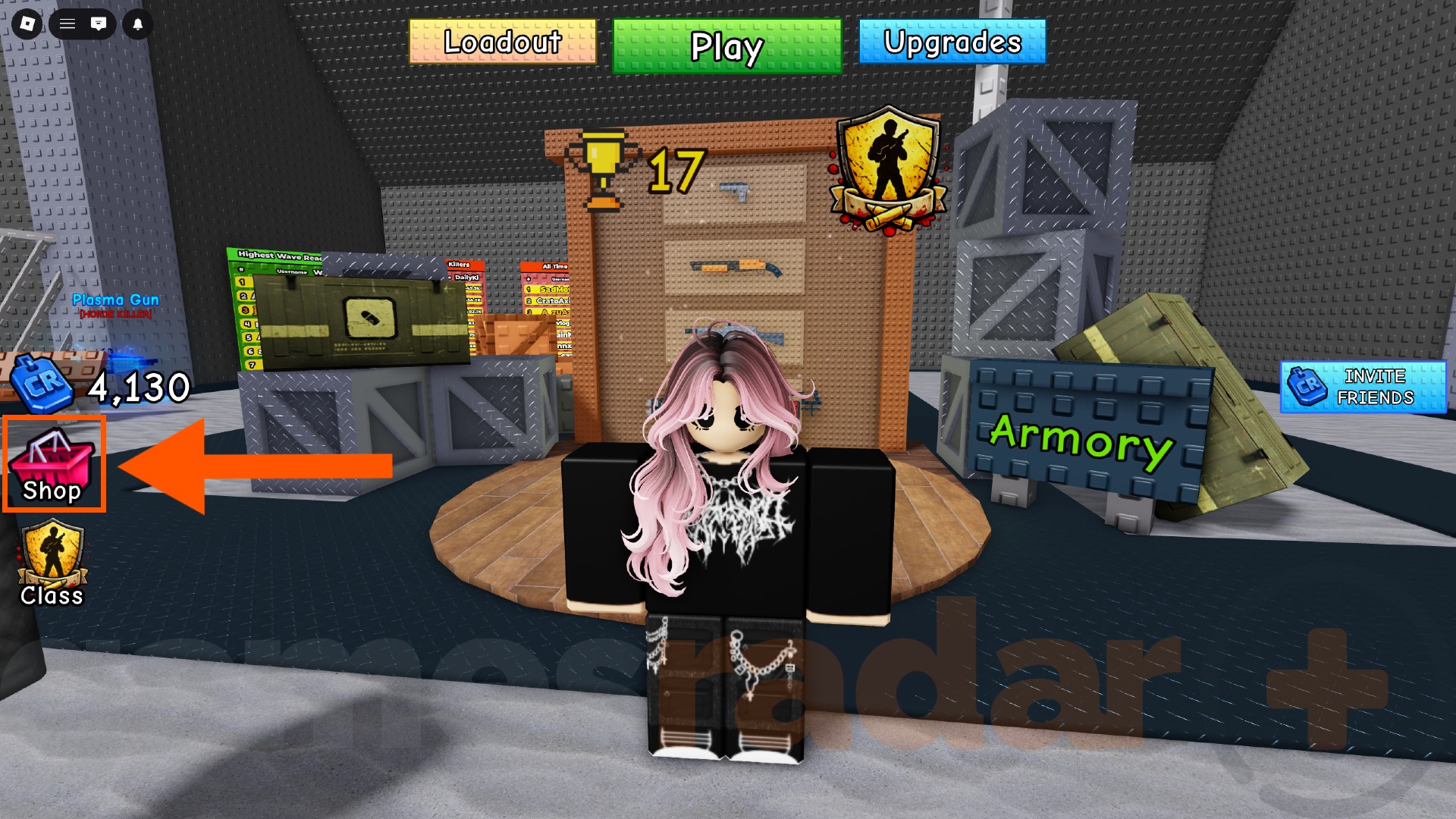 An orange arrow points to the shop button where you can redeem Survive Zombie Arena codes