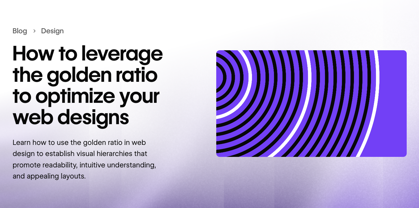 Screenshot of the Webflow blog article "How to leverage the golden ratio to optimize your web designs", showing the headline and an abstract purple and black concentric-arc graphic.