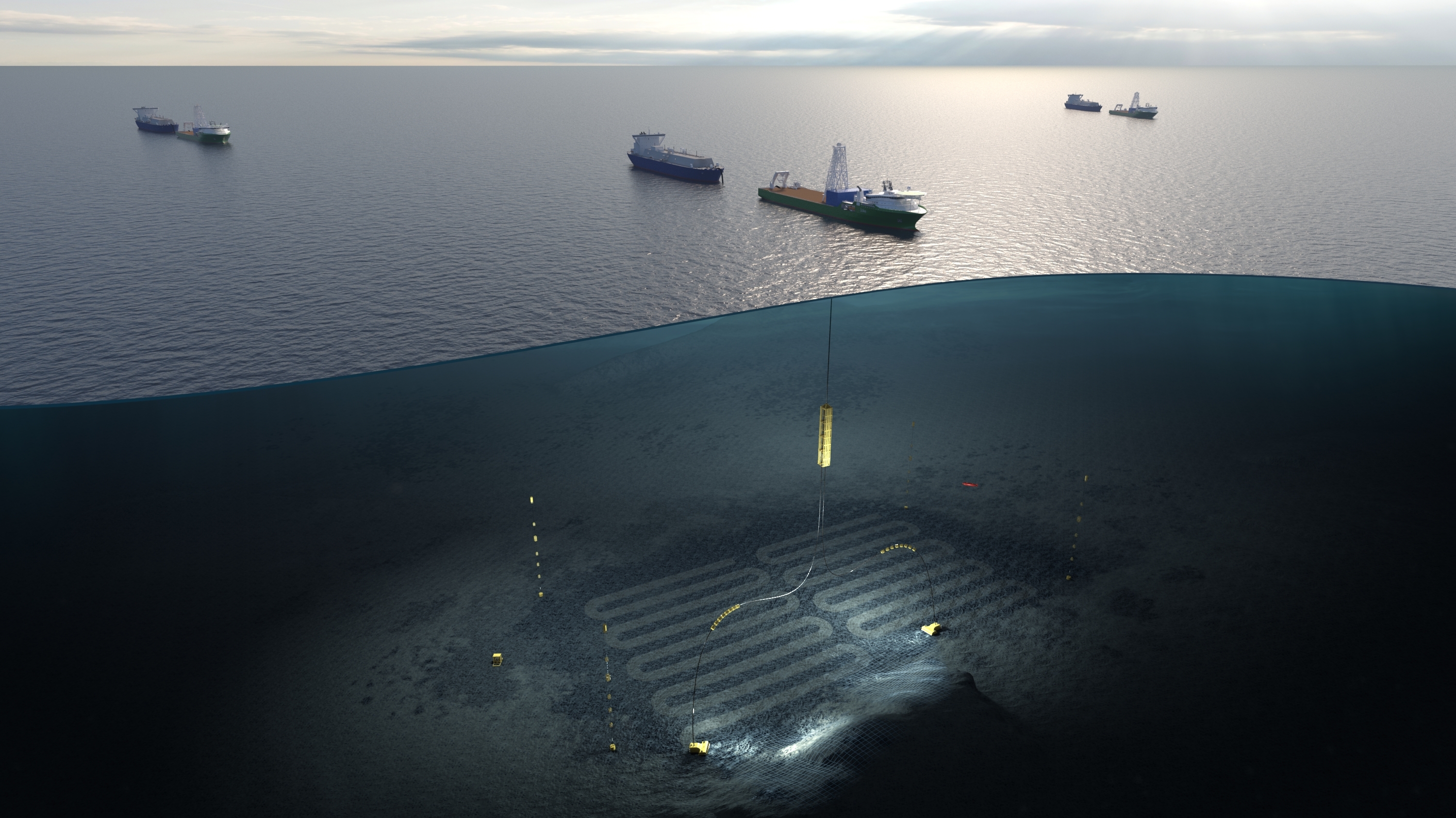 Illustration of a boat with instrument developed by Loke used to mine seafloor deep below