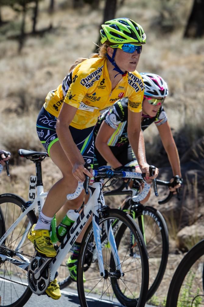 Lauren Stephens (TIBCO) stayed near the front on todays climb