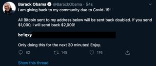 A scam tweet posted on Barack Obama's Twitter account.