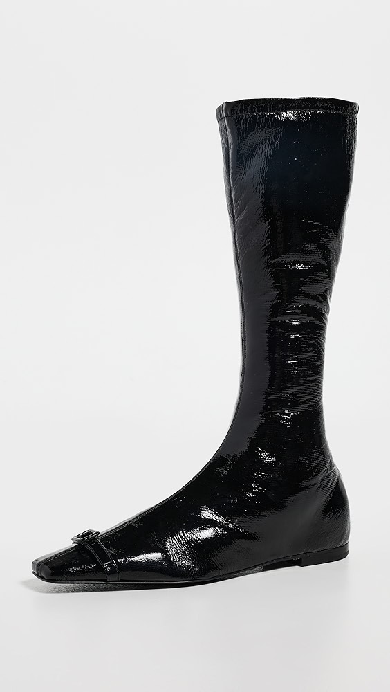 Flat Buckle Vinyl Boots - Black