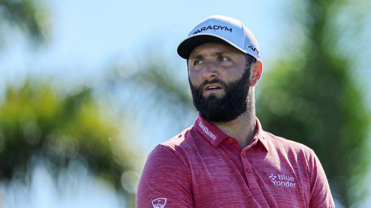 Jon Rahm looks on from the 17th tee during the final round of the 2023 Sentry Tournament of Champions 