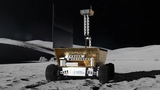 a four-wheeled robot drives through the grey dust of the moon's surface