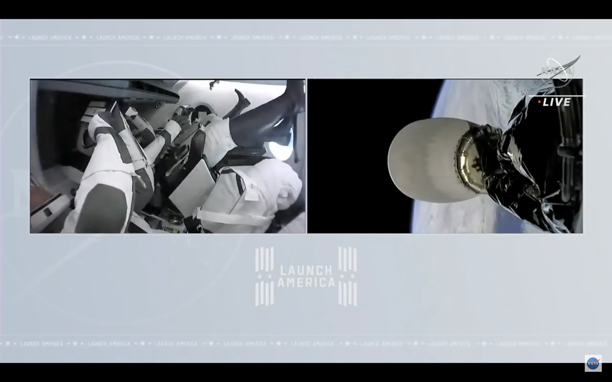 (left) Crew-2 astronauts safely in orbit around Earth post-launch.