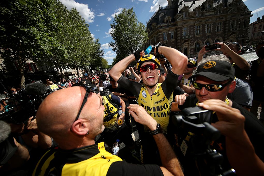 Wout van Aert celebrates winning stage 10 at the Tour de France