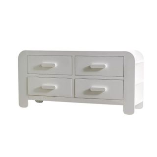A white dresser with bookshelf at the side