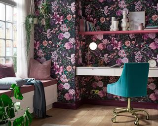 Purple floral wallpaper in home office idea by Graham & Brown