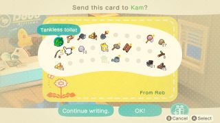 Animal Crossing New Horizons player selecting an item from their inventory to send as a gift