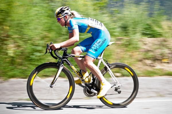 Emilia Fahlin (HTC-Columbia) looking strong part way up the climb