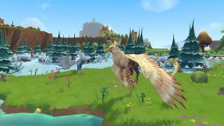 Two griffins flying through fields in a screenshot from Fantastic Haven