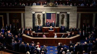 Benjamin Netanyahu, Israel&#039;s prime minister, center, speaks during a joint meeting of Congress at the US Capitol in Washington, DC