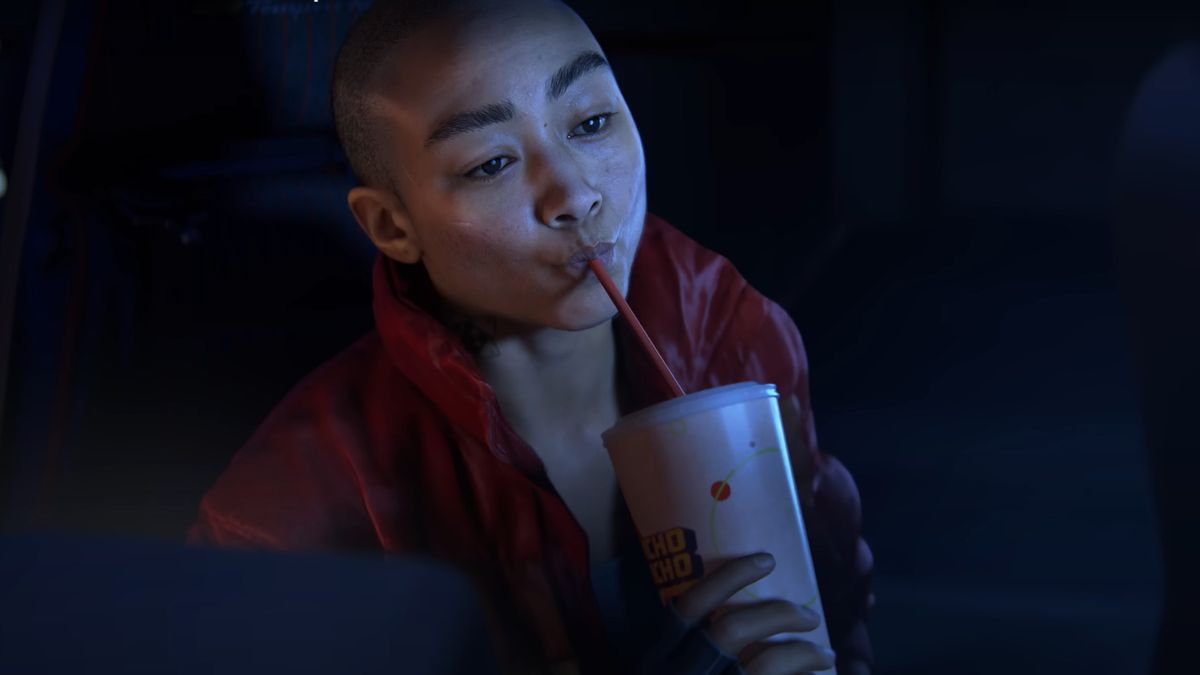 A screenshot of Jordan drinking a soda during the reveal trailer for Intergalactic: The Hertic Prophet.