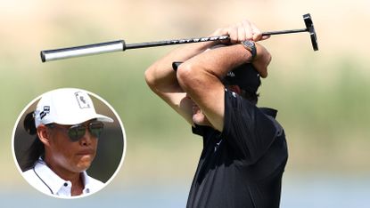 Main image of Phil Mickelson looking to the left with his hands on his head and inset photo of Anthony Kim