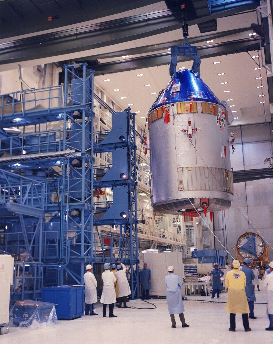 The Apollo 11 CSM-107 being prepared for its move to the Vehicle Assembly Building before the mission's launch.