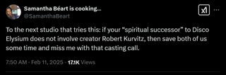  if your “spiritual successor” to Disco Elysium does not involve creator Robert Kurvitz, then save both of us some time and miss me with that casting call.