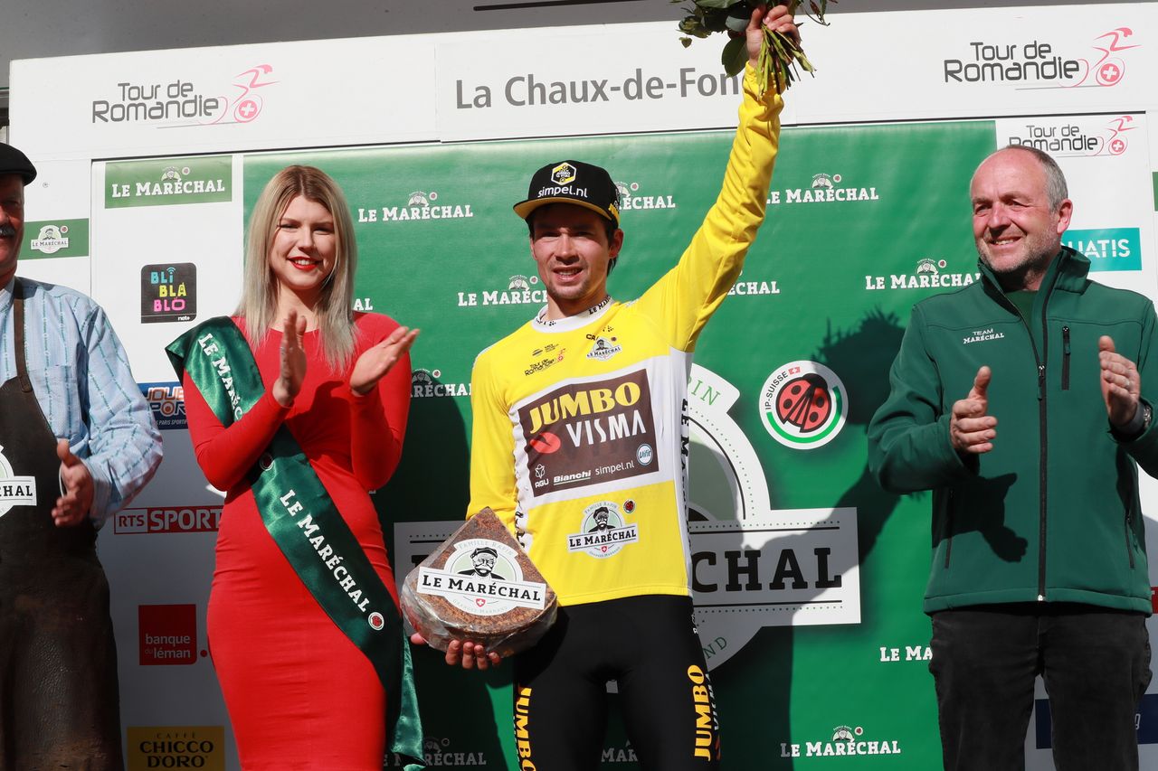 Primoz Roglic (Jumbo-Visma) celebrates the race lead
