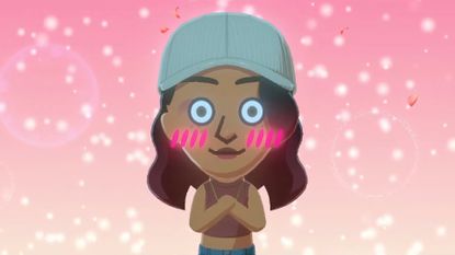 A twitterpated character blushes at the camera in Tomodachi Life: Living the Dream