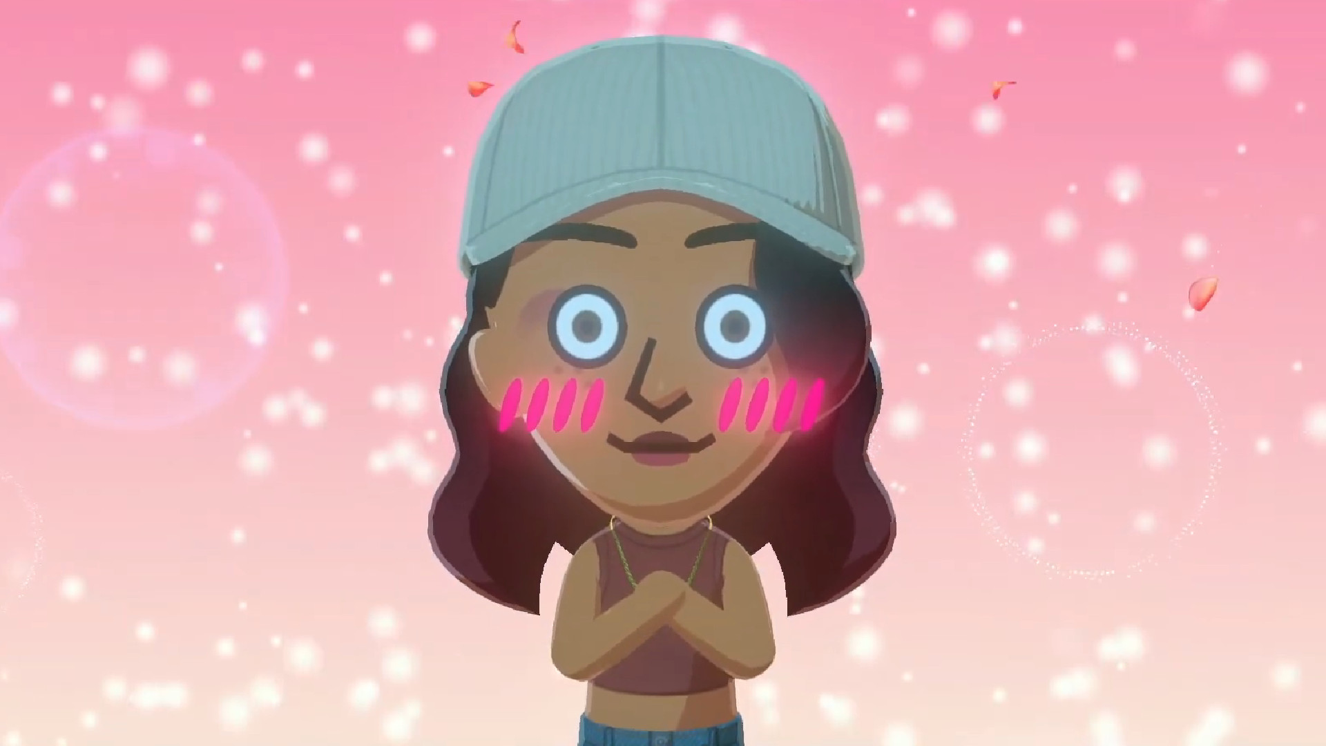 A twitterpated character blushes at the camera in Tomodachi Life: Living the Dream