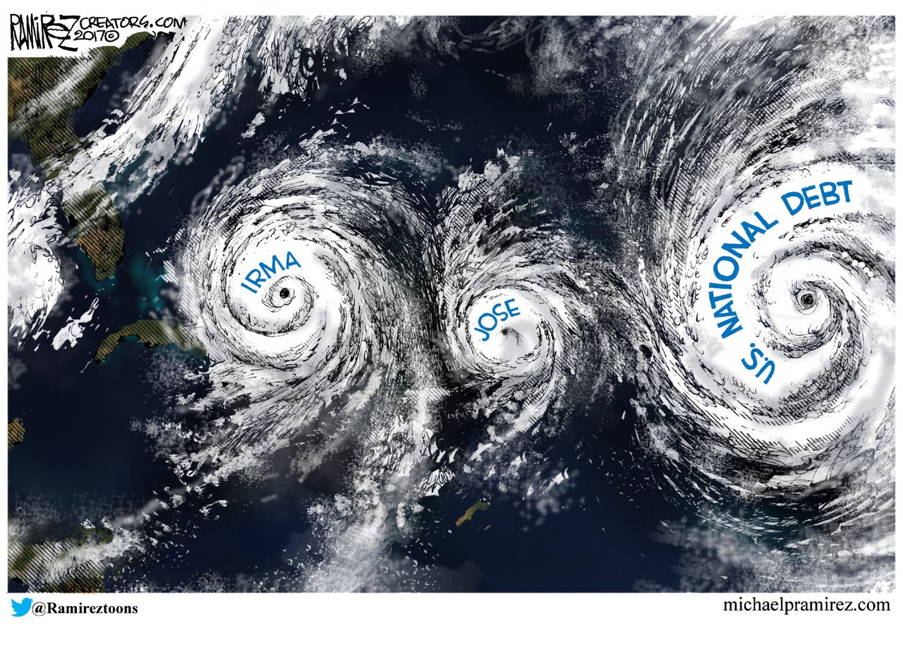 Political cartoons U.S. hurricanes Irma Jose national debt