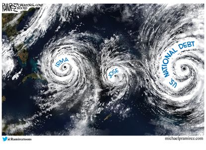 Political cartoons U.S. hurricanes Irma Jose national debt