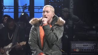 Eminem in heavy coat rapping on SNL