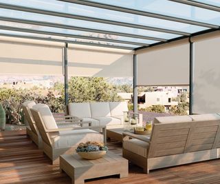 exterior solar shades on a balcony garden