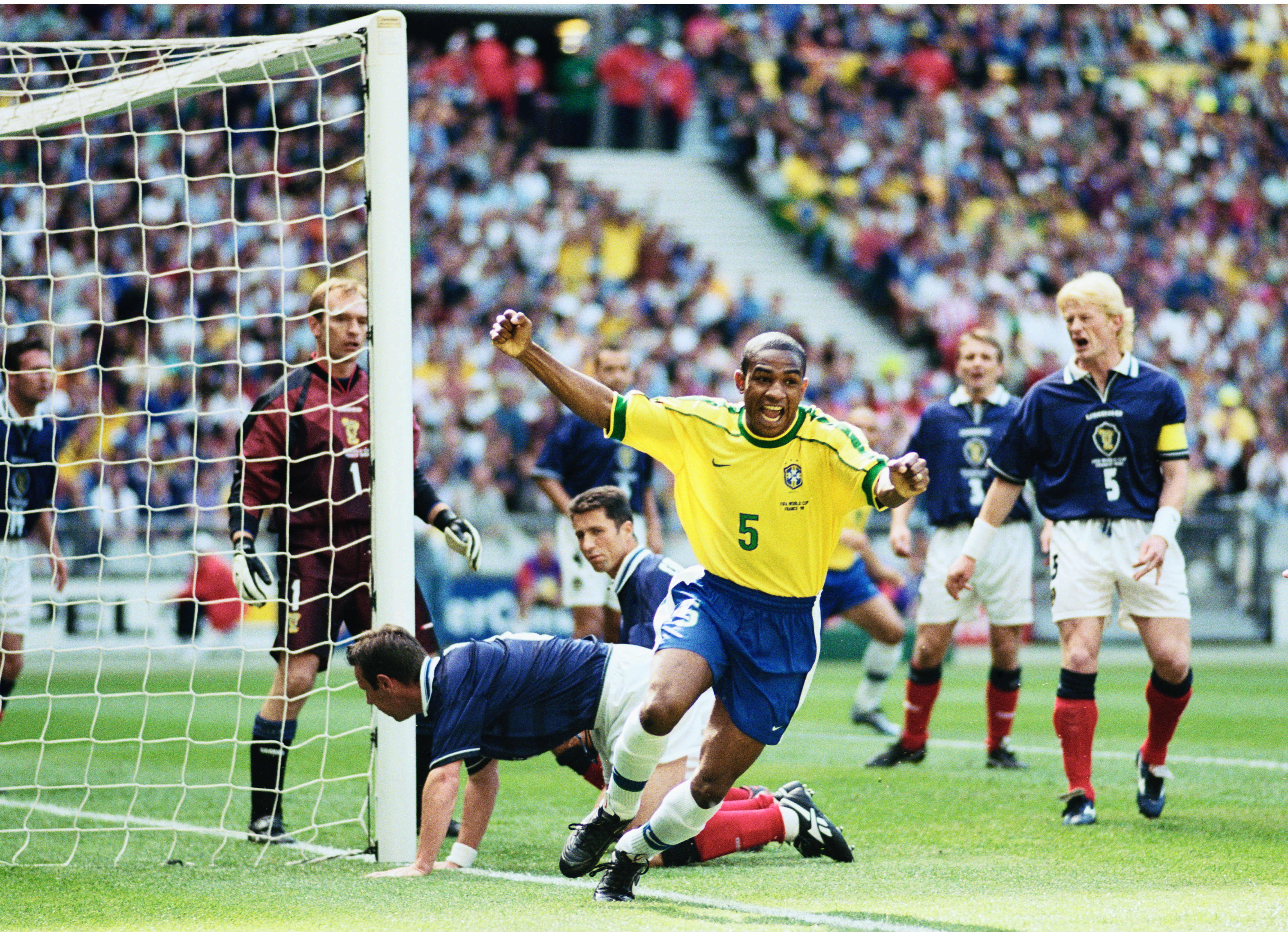 Cesar Sampaio celebrates after scoring for Brazil against Scotland at the 1998 World Cup.