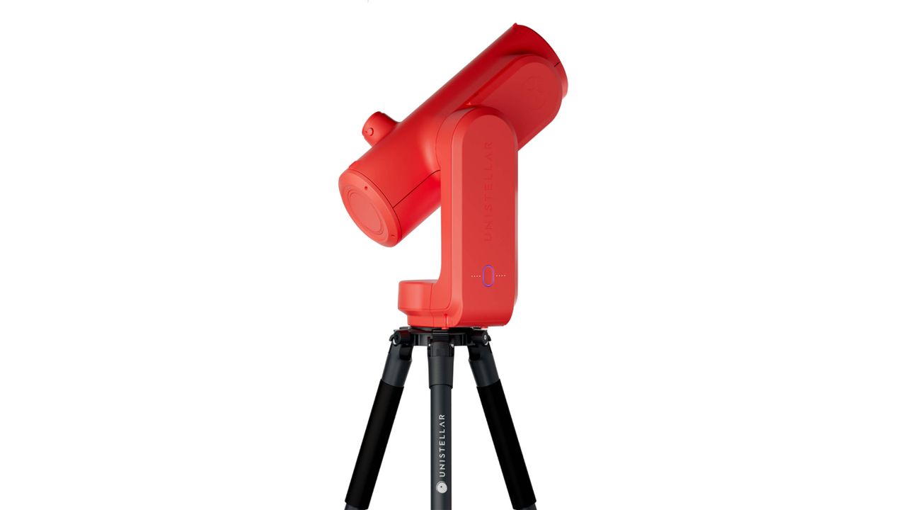 Product image of the red version of the Unistellar Odyssey Pro on a white background.