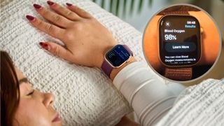 A young woman sleeps with her hand on a pillow. On her wrist, there is a an Apple Watch tracking her sleep. In the top right foreground, a circular frame features a close-up image of her blood oxygen levels. 
