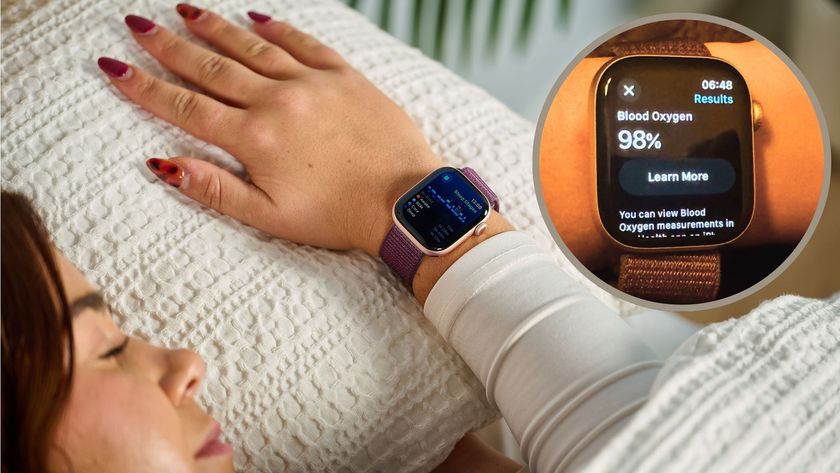 A young woman sleeps with her hand on a pillow. On her wrist, there is a an Apple Watch tracking her sleep. In the top right foreground, a circular frame features a close-up image of her blood oxygen levels. 