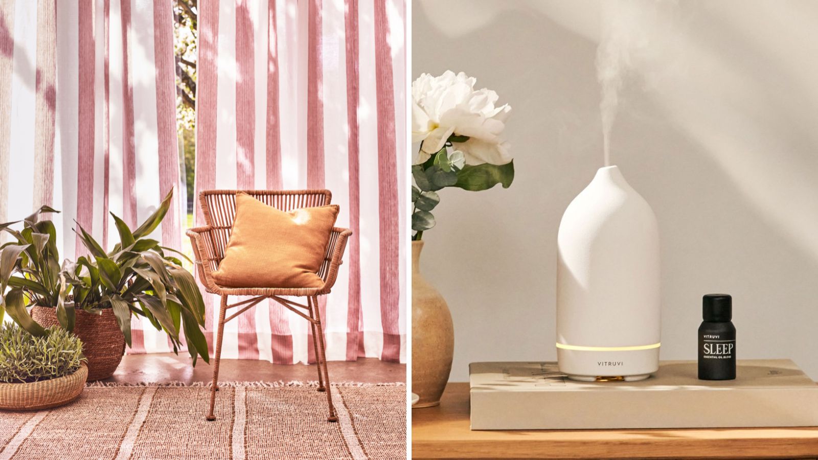A split image header with a bright room with rattan furniture, jute rug, houseplants and pink and white striped curtains, and a white essential oil diffuser on a book with white flowers.