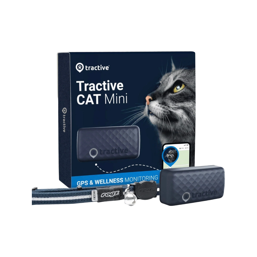 Tractive Cat Mini packaging next to collar and tracker, , one of the best GPS trackers for pets
