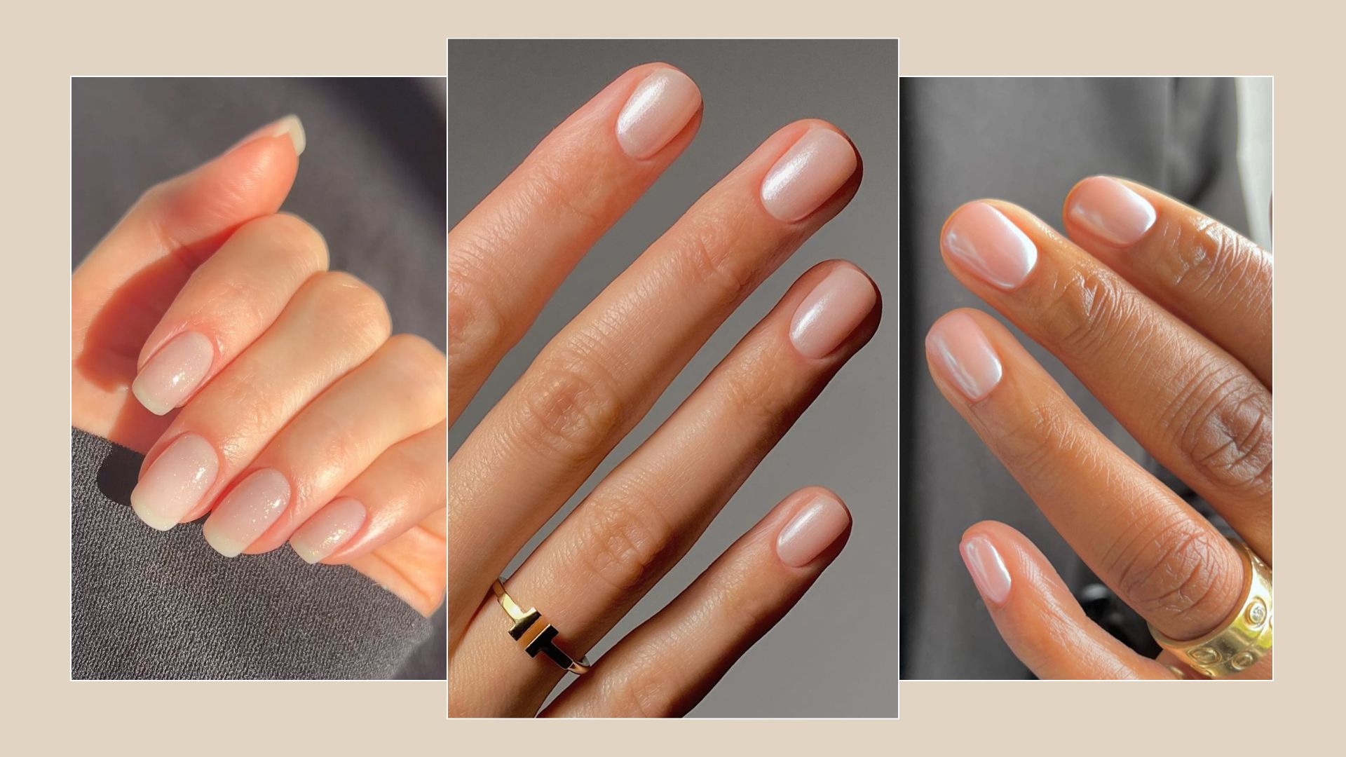 A collage of organza nails all with a sheer, sparkly nail polish