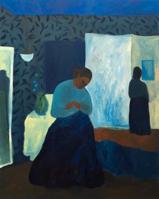 A melancholic, blue-hued painted domestic scene captures a woman sat with her arms crossed as she stares at the floor. Behind her, is what looks like her reflection in a wallpaper-drenched living room.