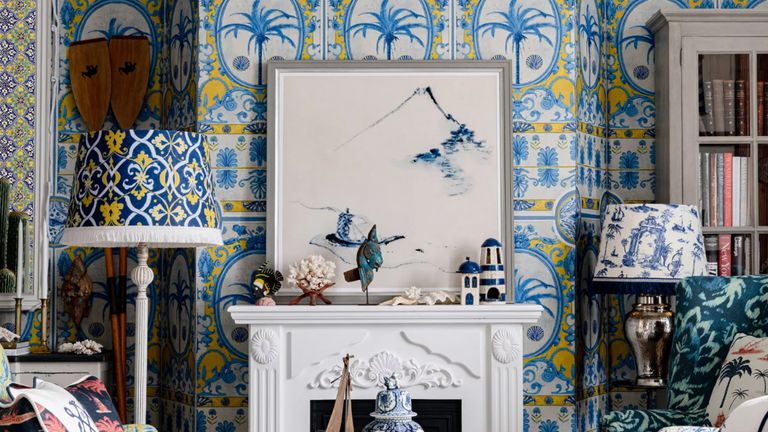 Blue and white living room wallpaper in maximalist living room