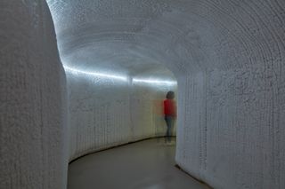 Montreal Biodome's white textured surfaces in tunnel, shadowed female brown haired visitor walking through wearing a red top, blue jeans and white trainers