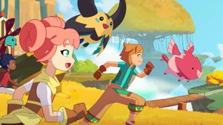 Trainers run across a field in Temtem