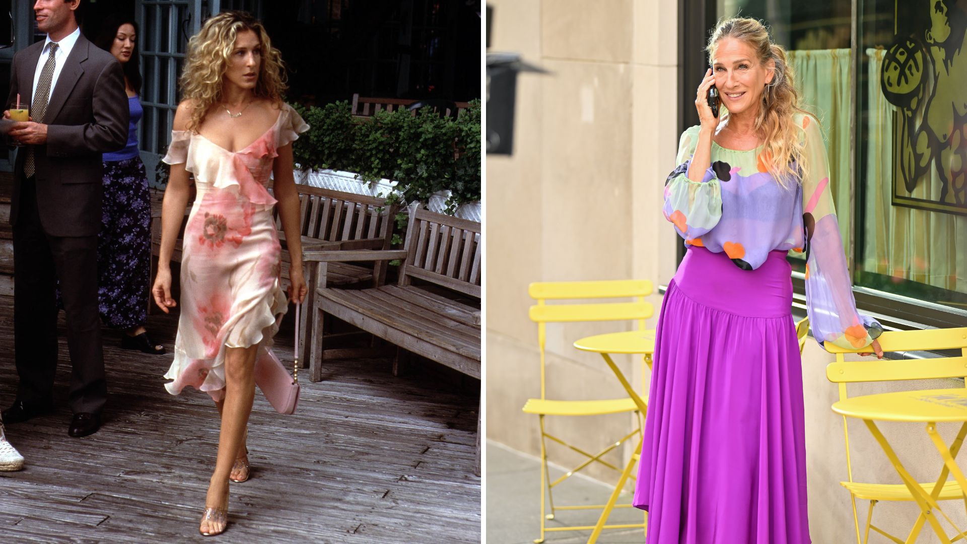 L-Sarah Jessica Parker in a scene from Sex and the City, R-SJP in And Just Like That