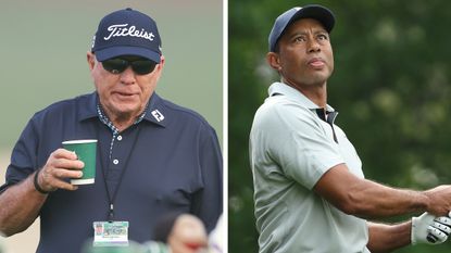 Butch Harmon holds a cup of drink, whilst Tiger Woods watches his iron shot
