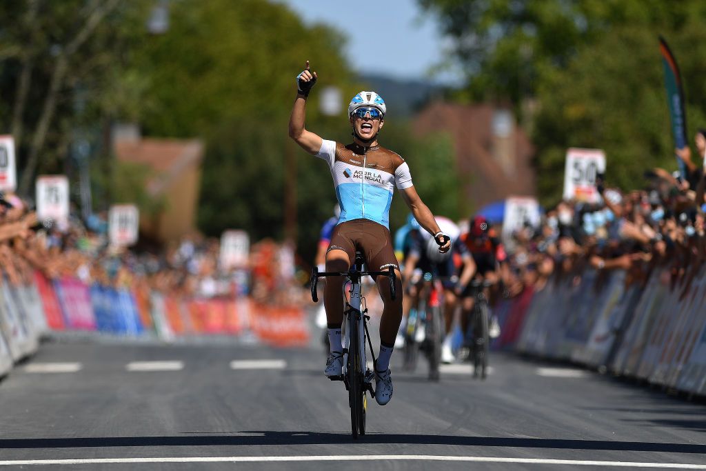 ROCAMADOUR FRANCE AUGUST 04 Arrival Benoit Cosnefroy of France and Team Ag2R La Mondiale Celebration during the 44th La Route dOccitanie La Depeche du Midi 2020 Stage 4 a 195km stage from Lectoure to RocamadourCauvaldorLot 295m RouteOccitanie RDO2020 on August 04 2020 in Rocamadour France Photo by Justin SetterfieldGetty Images